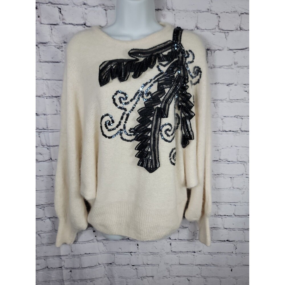 Vintage Tony Lambert Silk Angora Wool Blend Sweater Size Large Sequin/Ribbon